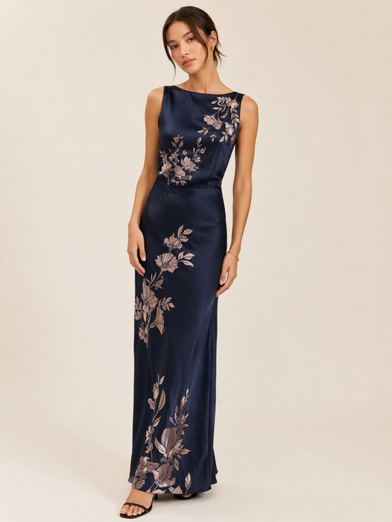 ASOS Dresses & Skirts - ASOS Navy Blue Satin Floral Embroidered Maxi Dress Cowl Back Elegant Evening